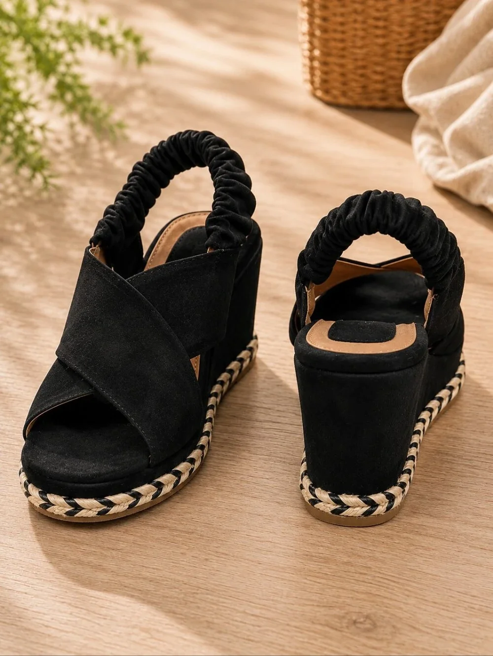 Boho Espadrille Wedge Sandal Black Suede Jute Joie Garden Platform 3